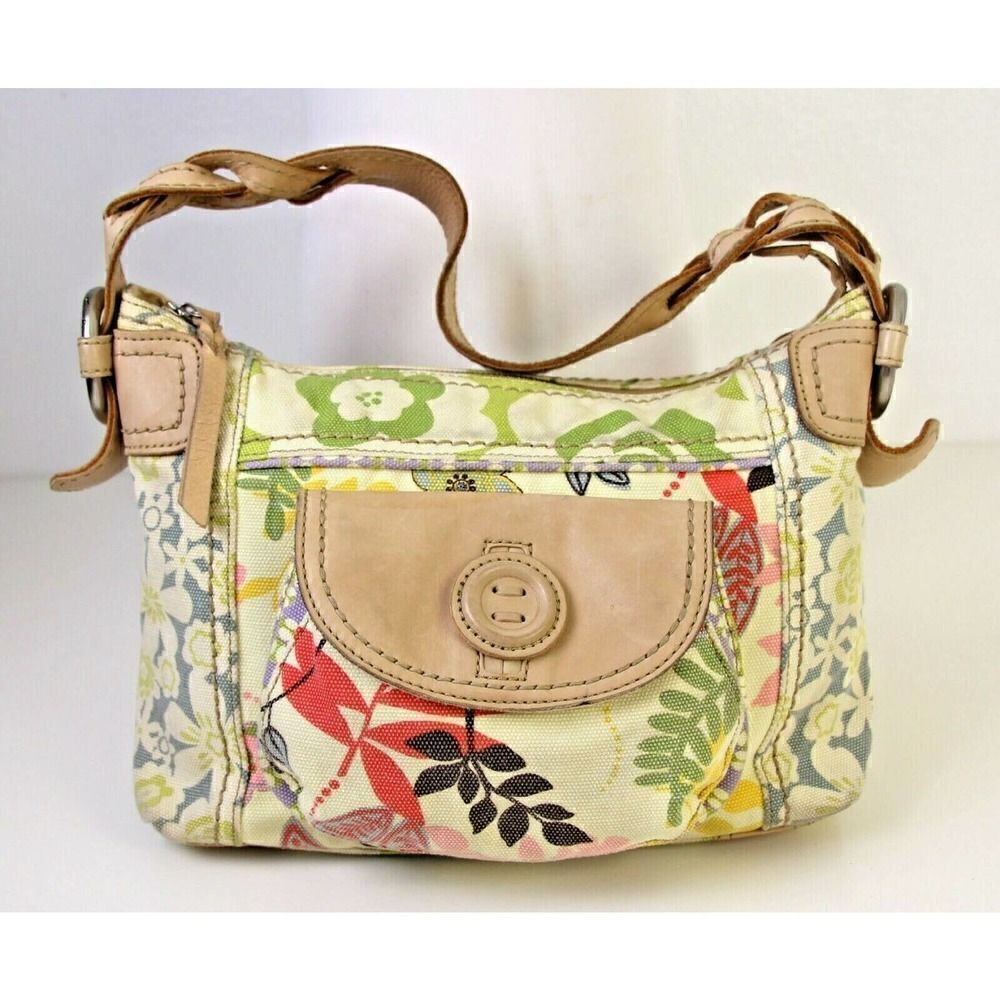 ROOMY FOSSIL FLORAL CANVAS GENUINE LEATHER TOTE HOBO SHOULDER BAG HANDBAG PURSE